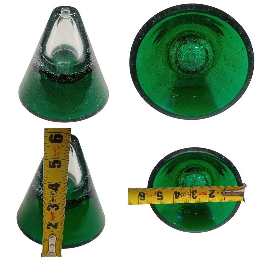Hand Blown Green Art Glass Bullicante Cone Paperweight Oil Lamp Made In Poland